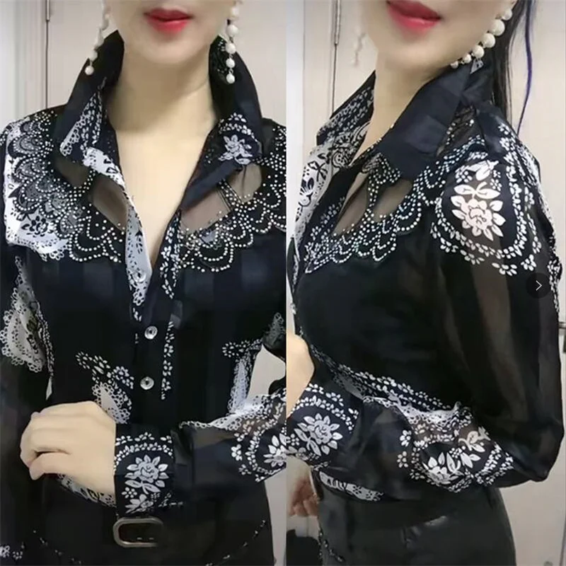 2023 Lace Mesh Shirt for Women Bottoming Shirt Net red Female Blusas Chiffon Shirt long-sleeved Floral Tops Western Blouse Shirt