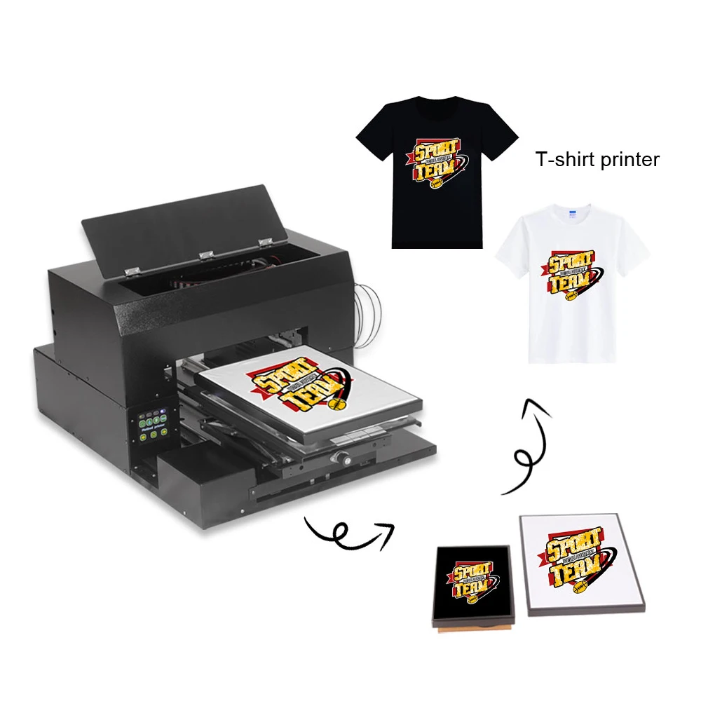 DTG flatbed garment printing machine with coloring and long lasting LED cooling for adult and children T-shirt logo printing