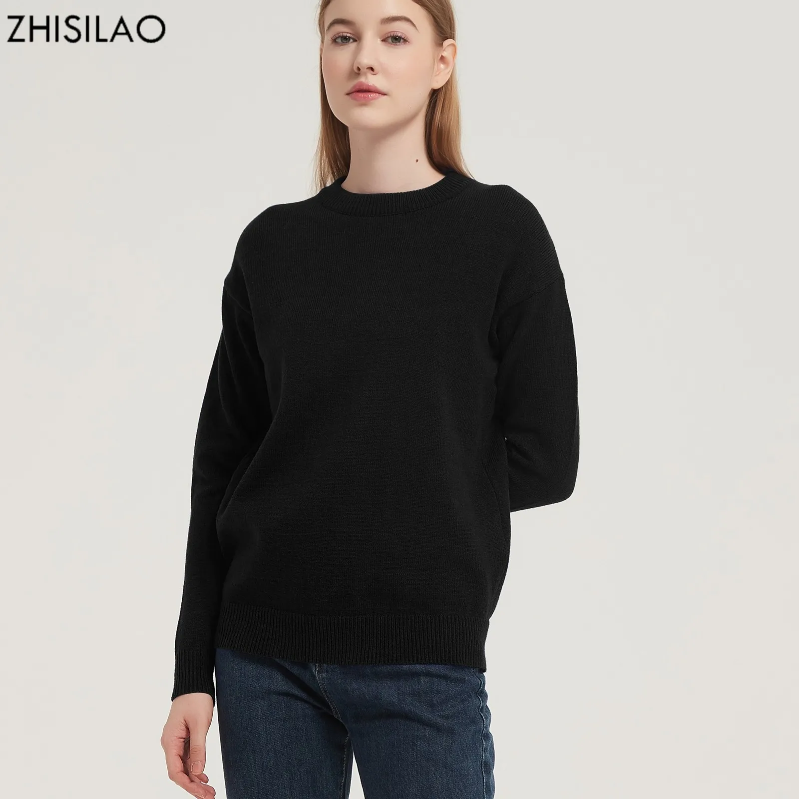 ZHISILAO New Knitted Sweater Women Solid Basic Loose O-neck Long Sleeve Pullover Sweater Autumn Winter 2021 Tops