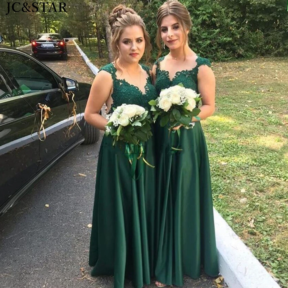 

Dark Green Country Bridesmaid Dresses Lace Appliques Sexy Maid Of Honor Gowns Satin A Line Wedding Guest vestido fiesta mujer