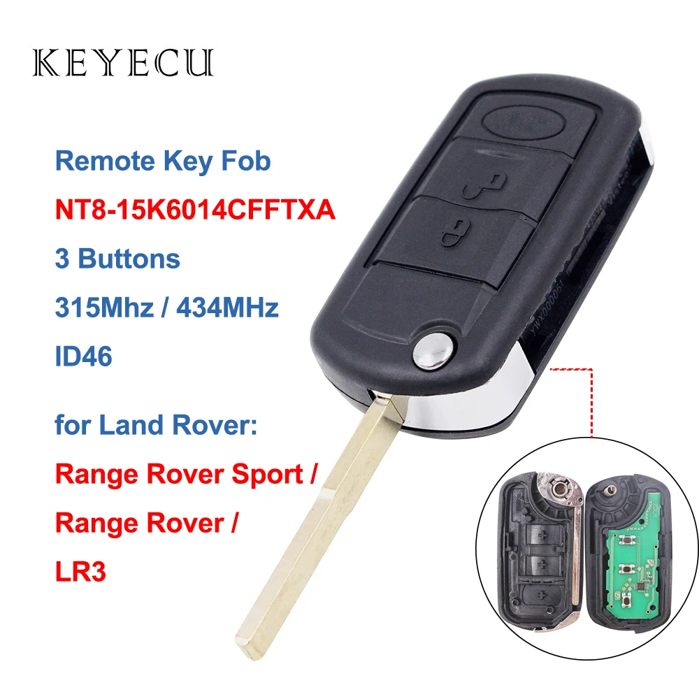 Keyecu Flip Remote Car Key Fob 3 Buttons 315 / 433MHz ID46 Chip for Land Rover LR3 Range Rover Sport FCC ID: NT8-15K6014CFFTXA