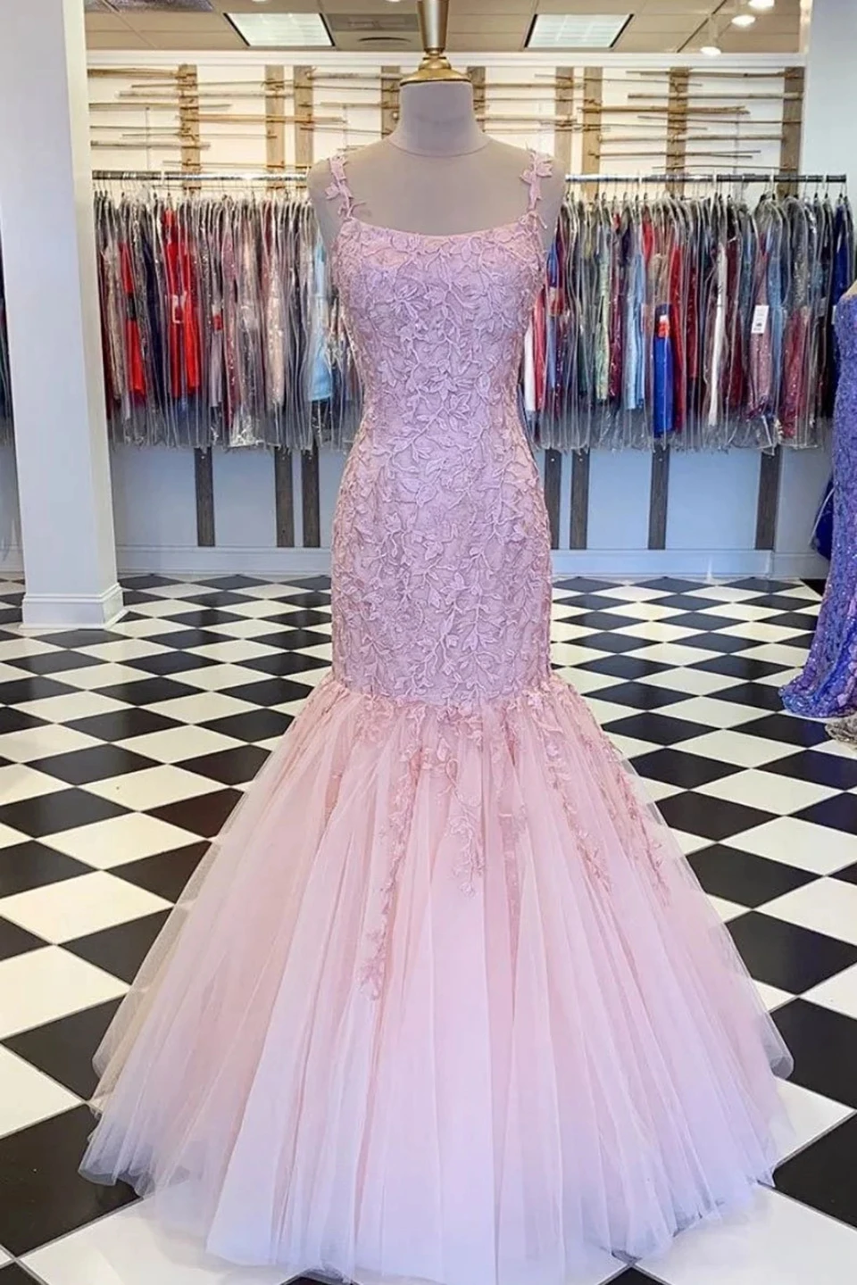 สีชมพู Mermaid Evening Dresses 2021ผู้หญิงอย่างเป็นทางการ Party Night ลูกไม้ Vestidos De Gala Elegant Sleeveless Tulle Long Prom Gowns