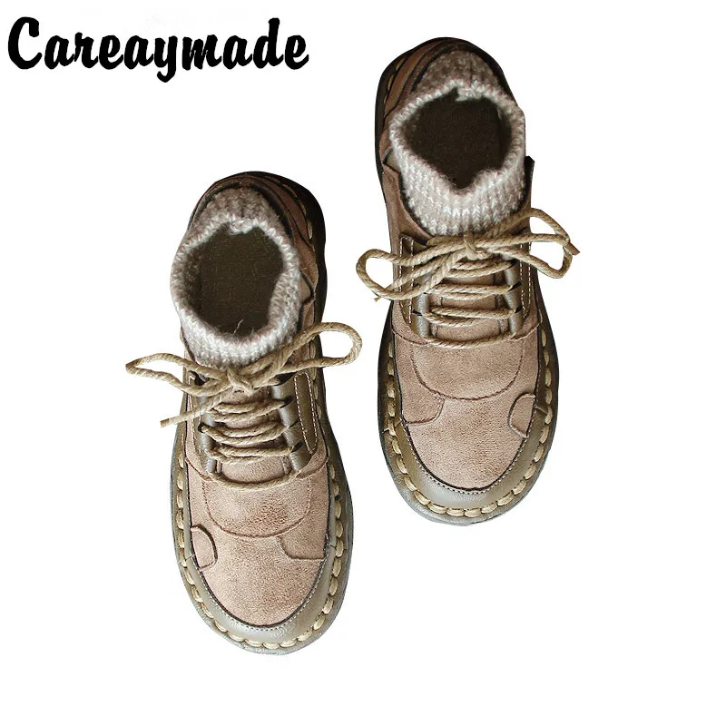 Careaymade-Original hand-made soft sole comfortable single shoes women\'s lace up RETRO art low top shoes sewing boots