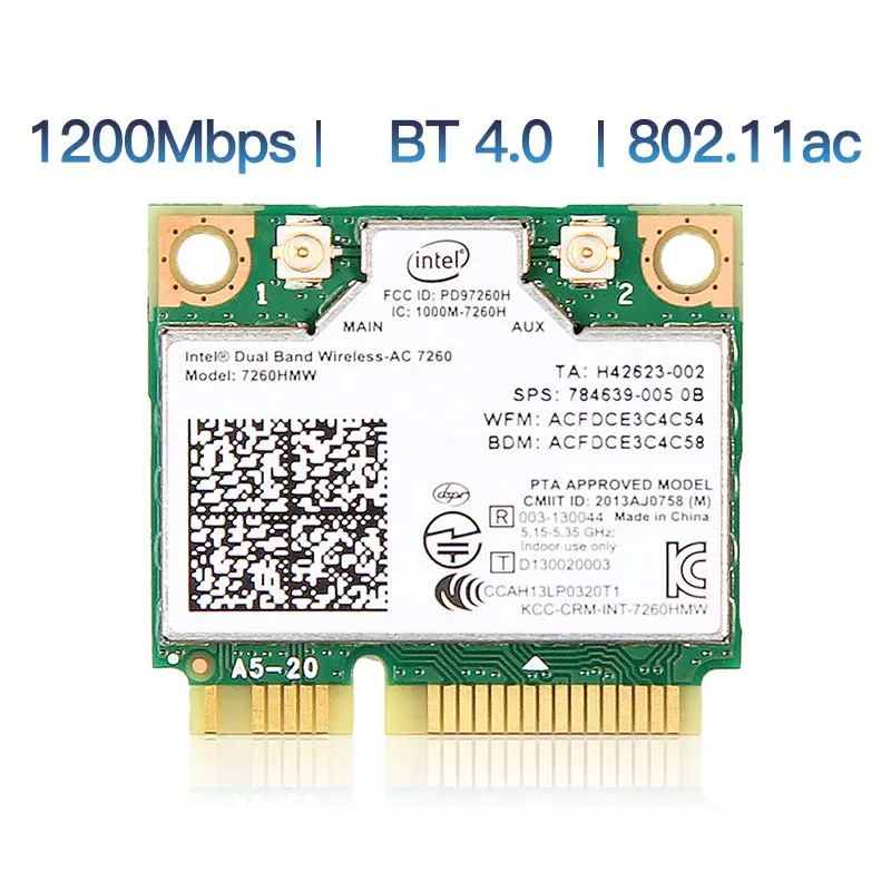 

1200 Мбит/с, двухдиапазонный 802.11AC для Intel7260 7260AC 7260HMW 2,4/5 ГГц, 867 Мбит/с, Wi-Fi, Bluetooth 4,0, беспроводная сетевая карта Wlan Mini PCIe