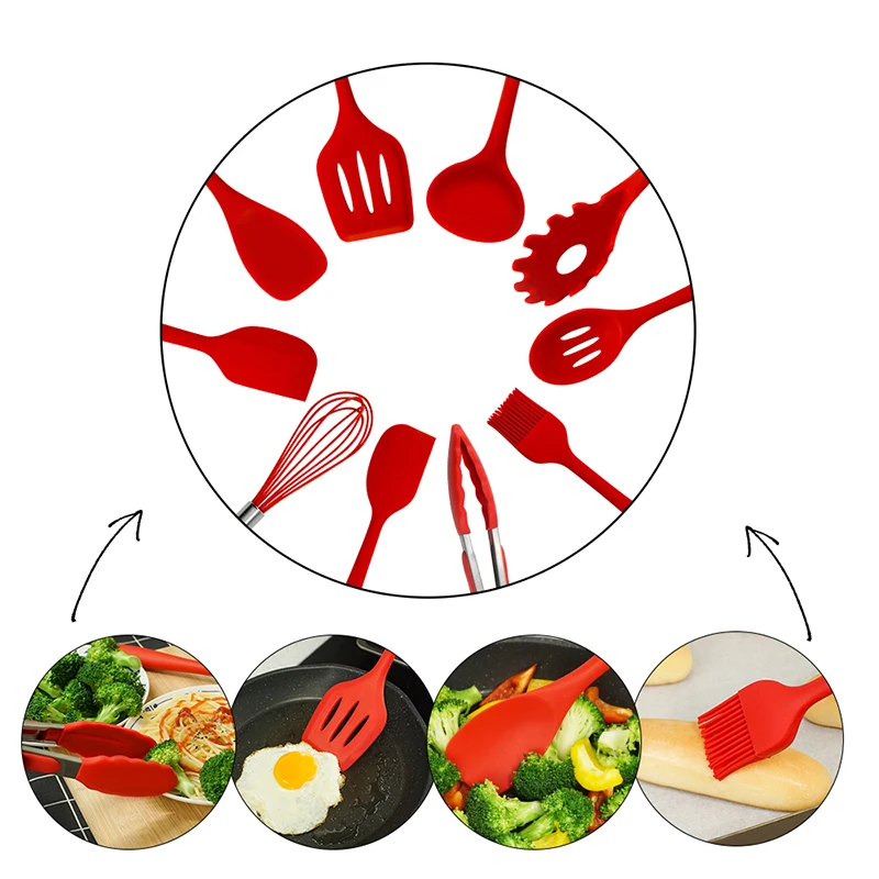 Silicone Cooking Utensils Set Non-Stick Spatula Shovel Soup Spoon Handle Cooking Tools Set BPA Free Kitchen Tool Accessories