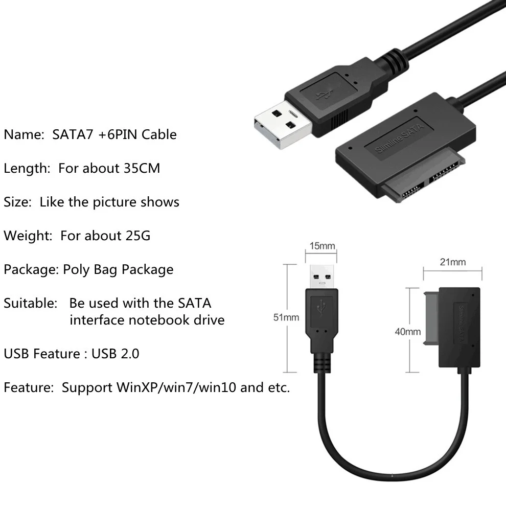 Adaptador USB para SATA para Notebook, SATA para USB 2.0 para SATA 6P + 7P, 13 pinos, conversor de CD, DVD Rom, Slimline Drive para PC, Laptop, Notebook