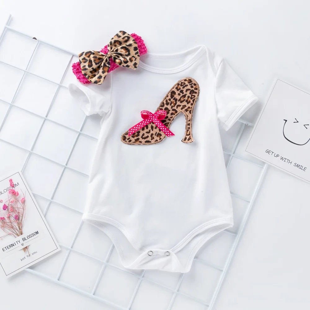 3Pcs Set Baby Newborns 2024 Summer Cotton Short Sleeve Leopard Bodysuit High-heeled Shoes Christmas Ruffle Baby Girl Clothes Set