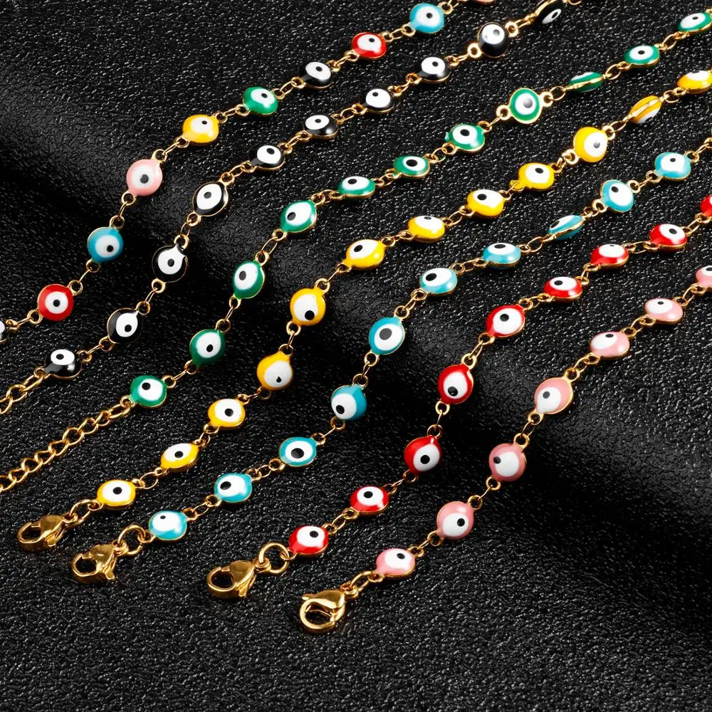 Women Girl Stainless Steel Bracelet Enamel Turkish Evil Eye Gold Color Plated Anklet with Extension Chain Summer Jewelry Gifts