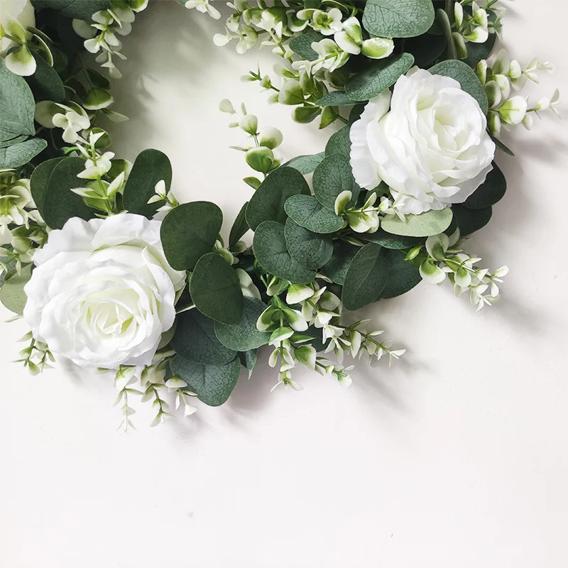 White Hydrangea Green Leaves Eucalyptus Garland Home Decor Artificial Flower Wreath For Wedding Decoration Christmas Ornament - Image 6