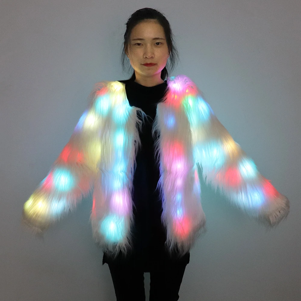 New LED Coat Women Faux Fur Light Up Costumes Christmas Jacket Shiny Overcoat Winter Warm Party Club Outwear