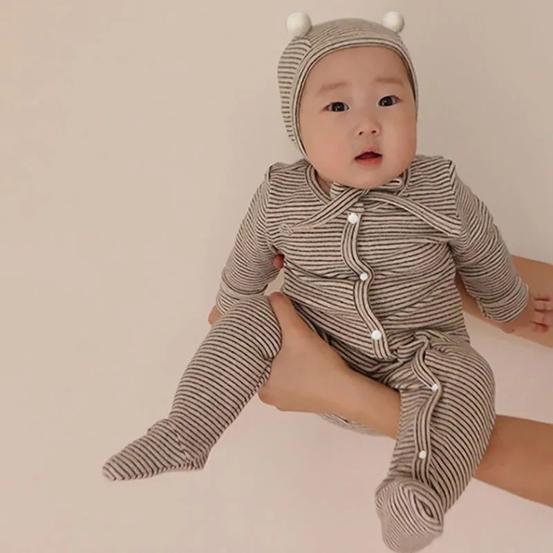 Korean Style Newborn Baby Girl Boys Cotton Long Sleeve Stripe Socks Jumpsuit Baby Girl Boys Bodysuits Spring Autumn Baby Clothes