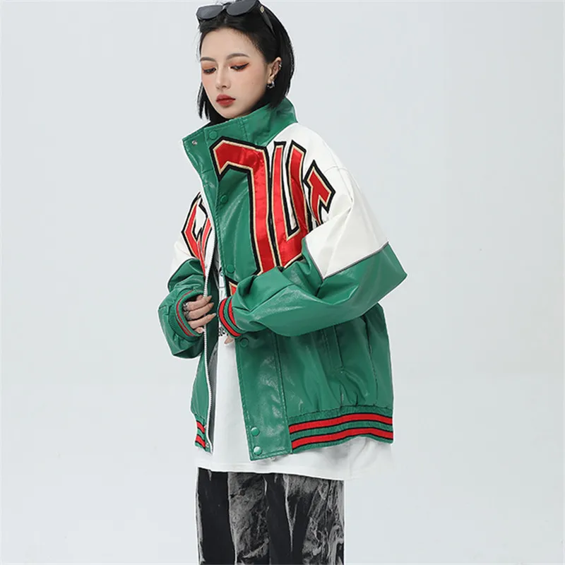 Streetwear Women Leather Jacket Letter Embroidery Fashion Spliced Hip Hop PU Jacket Zipper Loose Biker Coat Female 2021 New