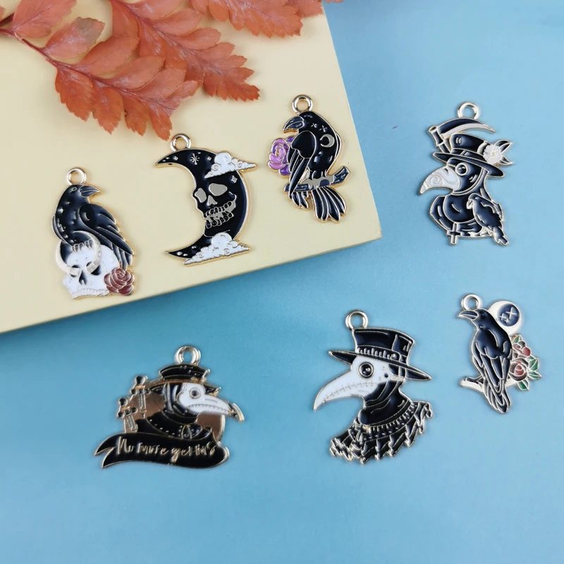 JeQue 10pcs/pack Halloween Cute Bird Crow Skeleton Enamel Charms Connector Fit Necklace bracelet DIY Fashion Jewelry Accessory