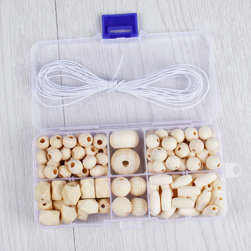 Approx 190Pcs/Set DIY Jewelry Combination Boxed Wooden Teether Blending Geometric Hexagon Round Beads Pacifier Chain Baby Toy