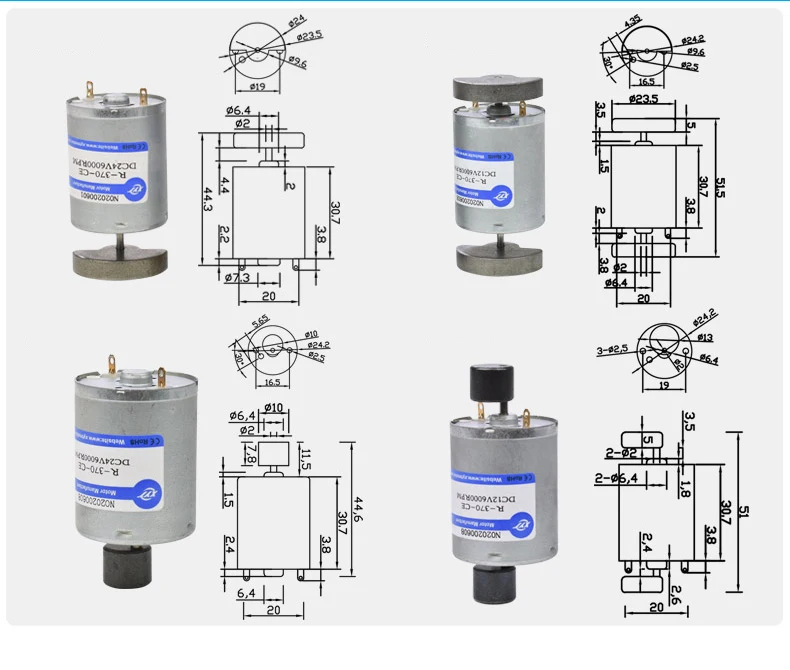 4pcs/set 370 Vibrating Tower Double Output Shaft Vibration Motor DC Vibrator Motor 6V 12V 24V 3000/6000/8500rpm Massage Motor