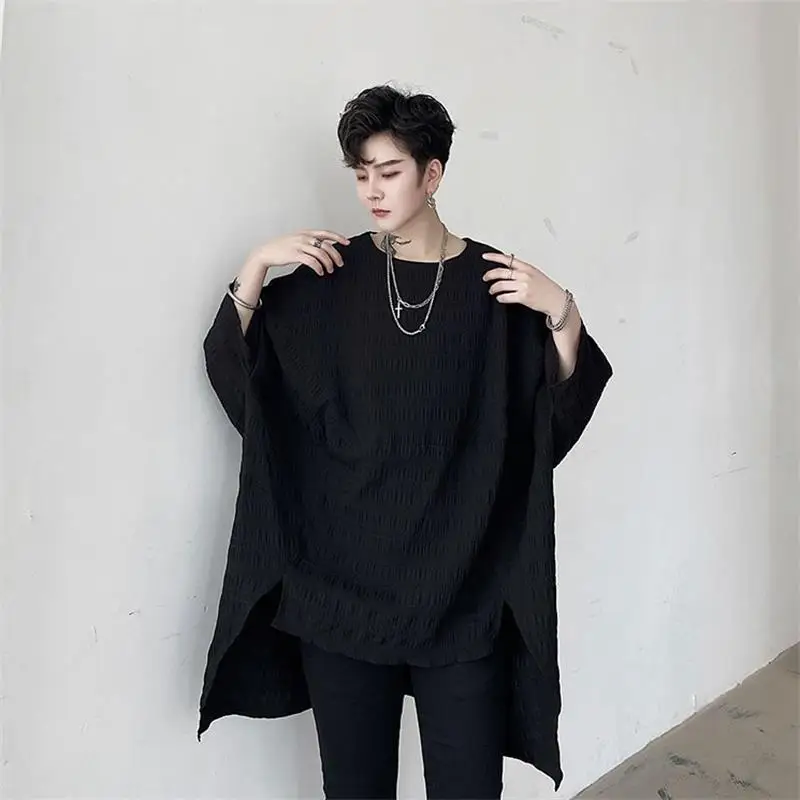 

Summer wear T-shirt for men individual wrinkle technology before short after long design for men loose bat-sleeve T-shirt