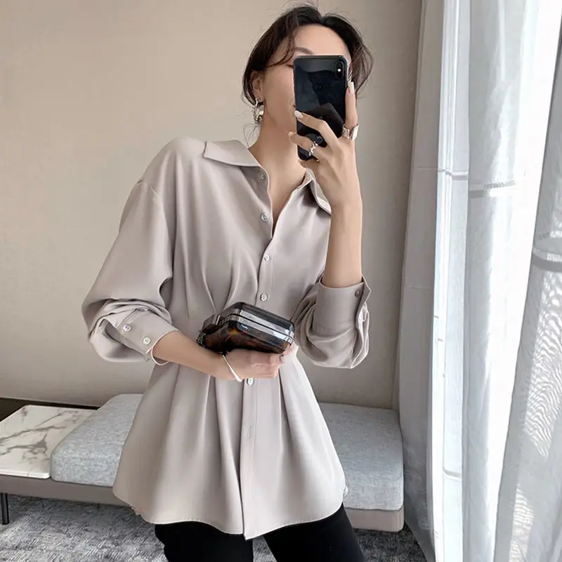 Office Lady Shirt 2021 Elegant Fashion Chiffon Blouse Long Sleeve Solid Color Pleated Slim Waist Collar Tops Temperament Clothes