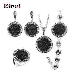 Hot 4pcs/Lot Black Broken Stone Wedding Jewelry Sets Earrings For Women Unique Bohemia Silver Plated Jewelry Engagement RingRing