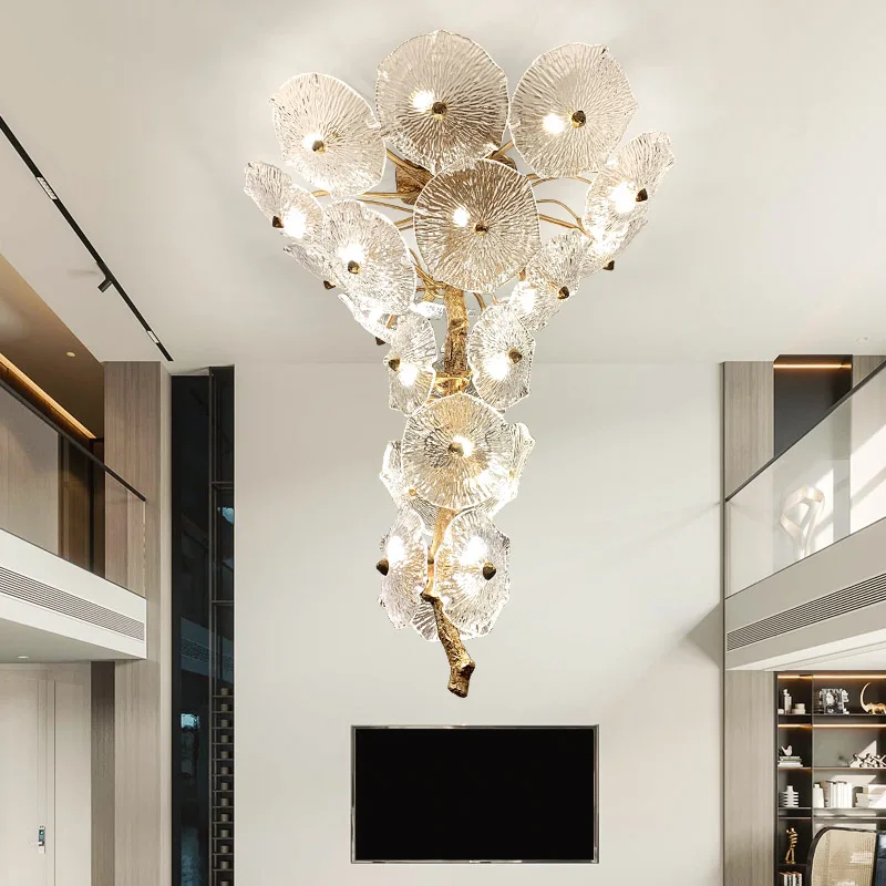 Creative Chandelier for Living Room Villa Hall Staircase Ceiling Lamp Copper Glass Lampshade Chinese Style Lighting Fixture