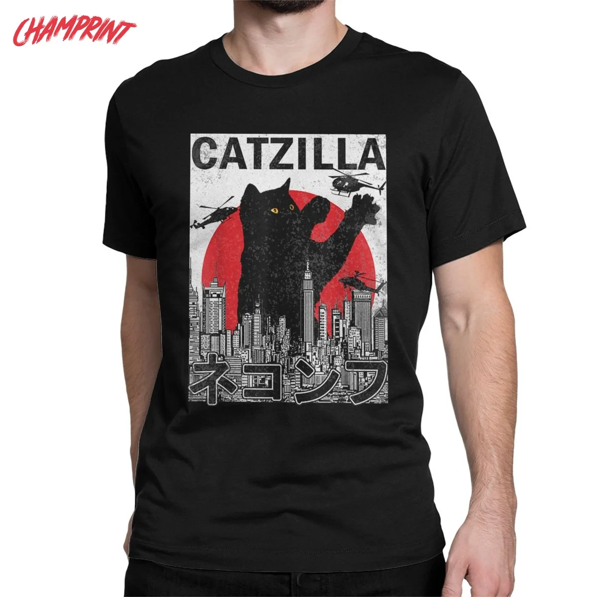 Men Catzilla Japanese Vintage Sunset Style Cat Kitten Lover T Shirts Cotton Clothes Crew Neck Tee Shirt Gift Idea T-Shirt