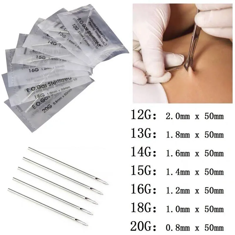 Agujas para Piercing corporal estéril desechable, para ombligo y pezón, nariz, labio, 12g/14g/16g/18g/20g, maquillaje permanente, tatuaje, aguja, 100 Uds.