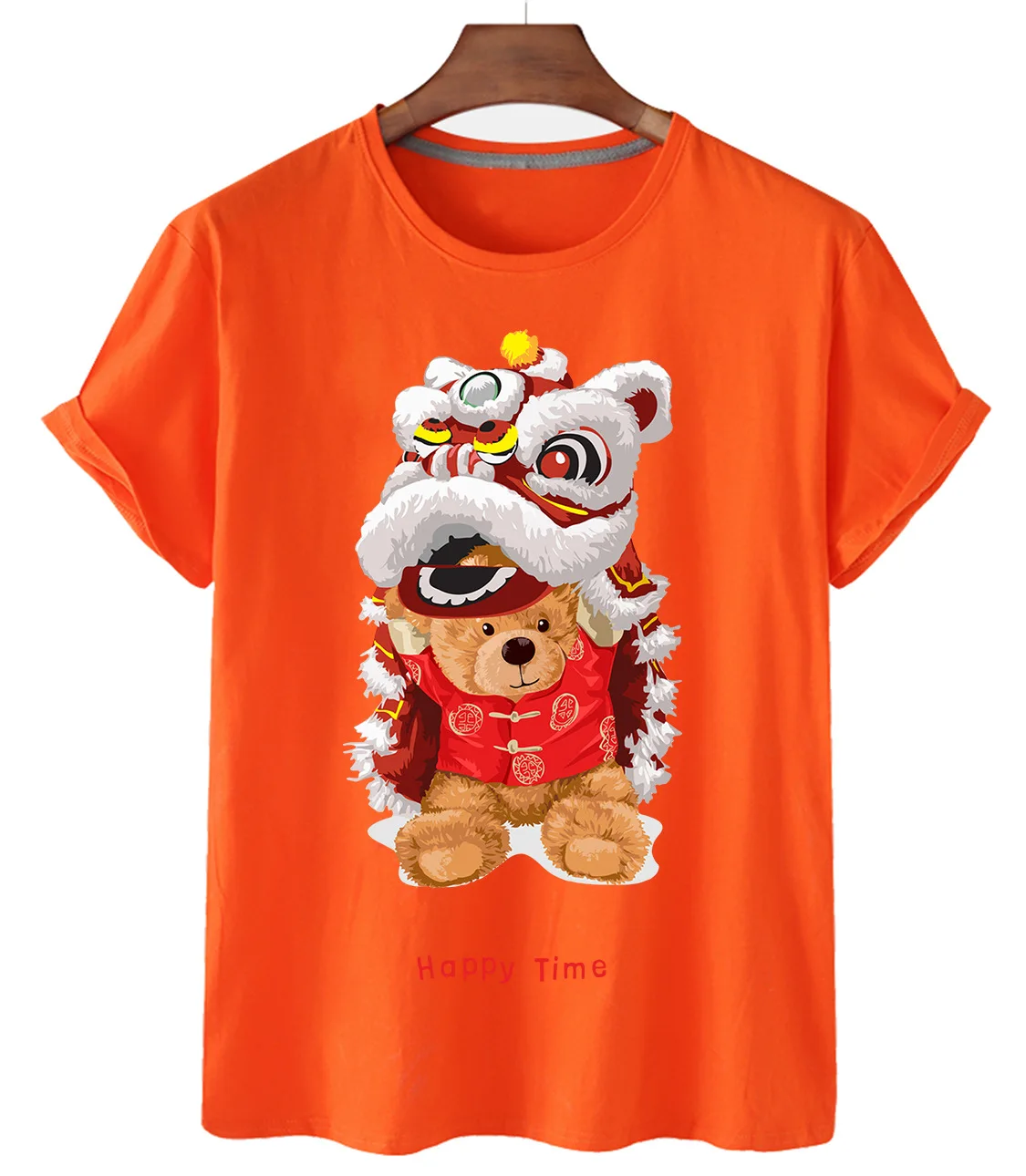 Pure Cotton Chinese Dragon Dance Bear Print Short-sleeved O-neck Loose Casual Top T-shirt Female Oversized T-shirt Couple S-3XL