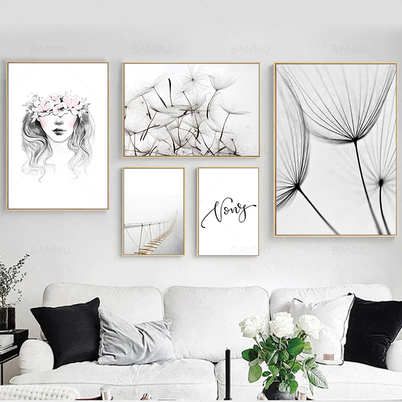 Girl Dandelion Bridge Quote Black White Line Drawing Anime Abstract Poster Wall Art Canvas Painting Pictures Living Room Decora