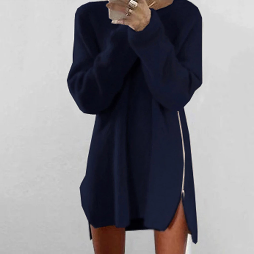 Women Sweaters Dress Winter Pullover Solid Color O Neck Sideway Zip Loose Casual Knitted Mini Dress свитер женский pull femme