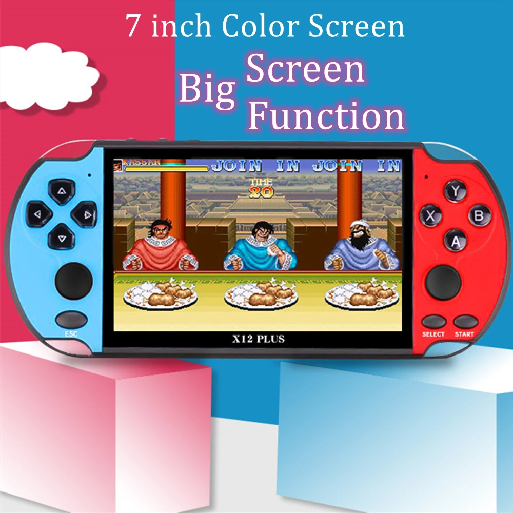 X12 Plus 7 inch big screen portable game console 16/48GB pre-inatlled 2000 games for 8/16/32/128 bit video gaming player