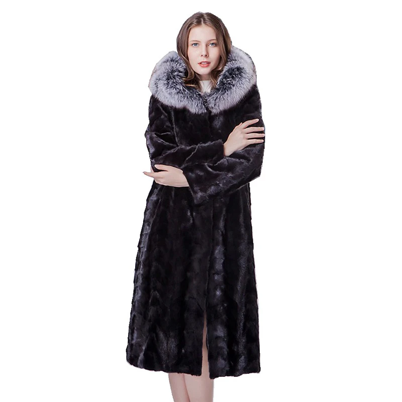 

Luxury Genuine Mink Fur Coat Jacket Fox Hoody Autumn Winter Women X-Long Outerwear Plus Size LF9075