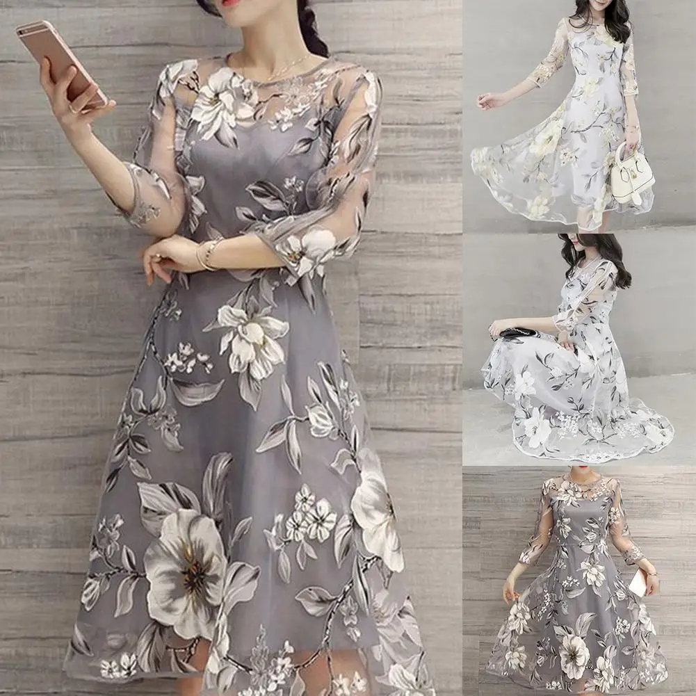 Dress Women's O-Neck 3/4 Mesh Sleeve Flower Print Chiffon Big Swing Double Layer Dress Bohemia Party Women's Dress