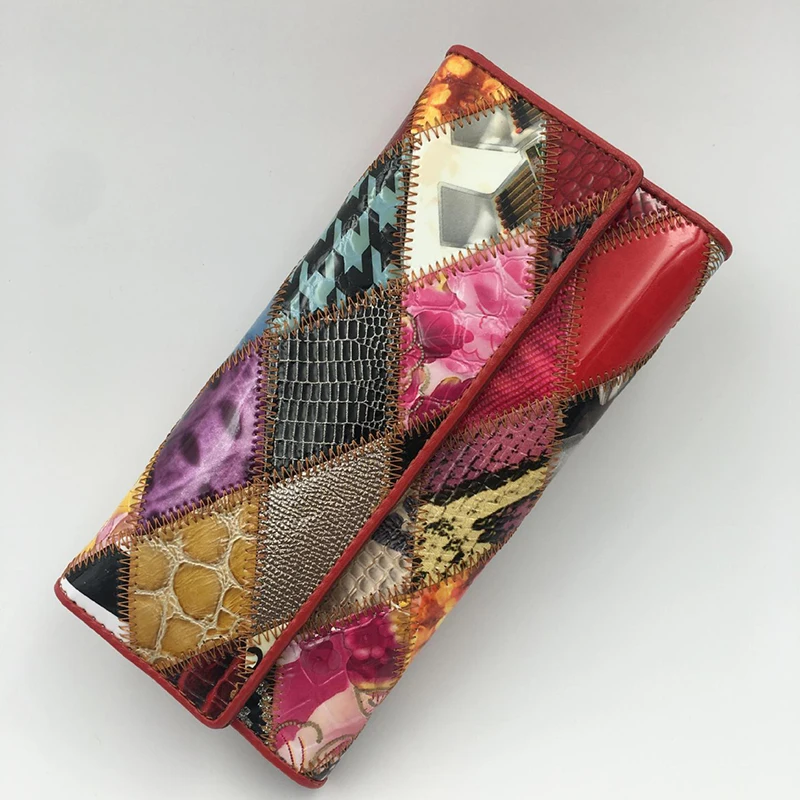 Tri-fold Wallet Ethnic Leather Stitching Ladies Wallet Coin Purse Multi-purpose Women's Bag