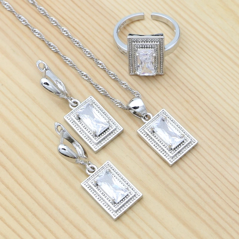 

White Square Cubic Zirconia Jewelry for Women Wedding Accessories 925 Silver Earrings Ring Pendant Chain Set