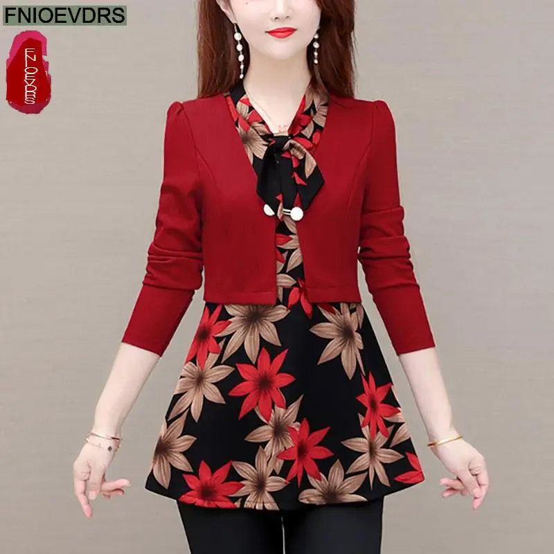 

L-5XL 2021 Women Elegant Office Lady Retro Vintage Loose Peplum Bow Tie Top Flower Floral Printing Long Tunic Basic Shirt Blouse