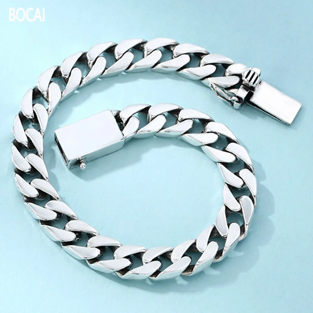 

BOCAI New Real s925 silver Man bracelet thick glossy tank chain 7MM personality fashion trend student lettering horsewhip chain