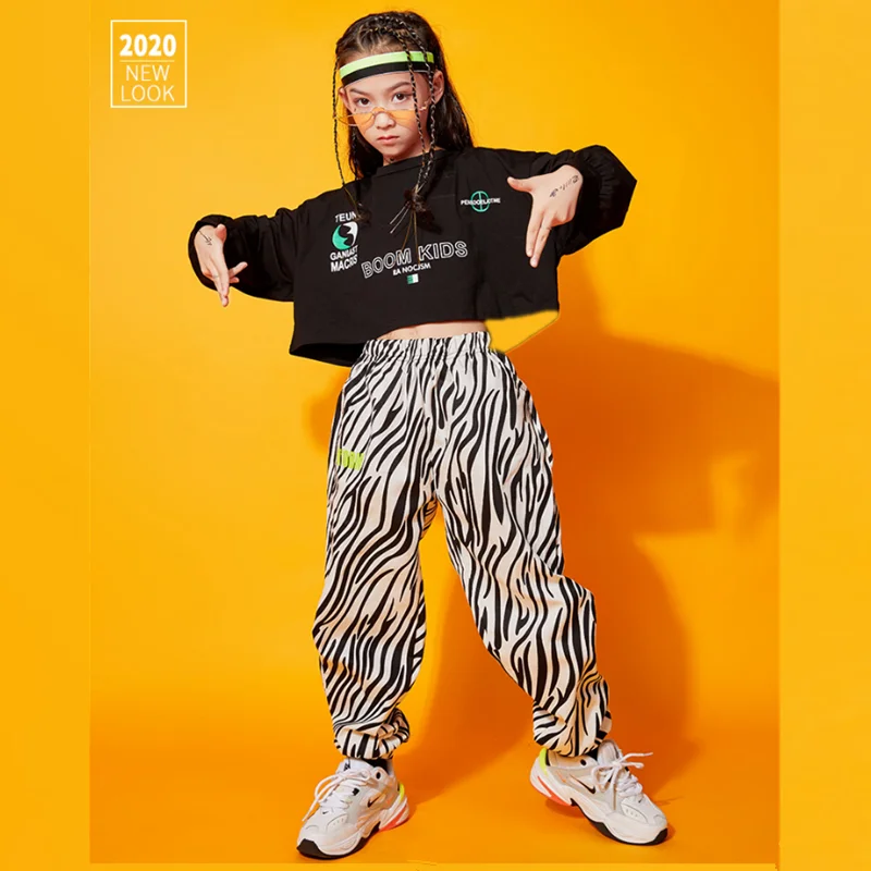 Roupas de Hip Hop infantil, blusa curta, manga comprida, streetwear estampa zebra, calças jogger para meninas, fantasia de dança jazz, roupas