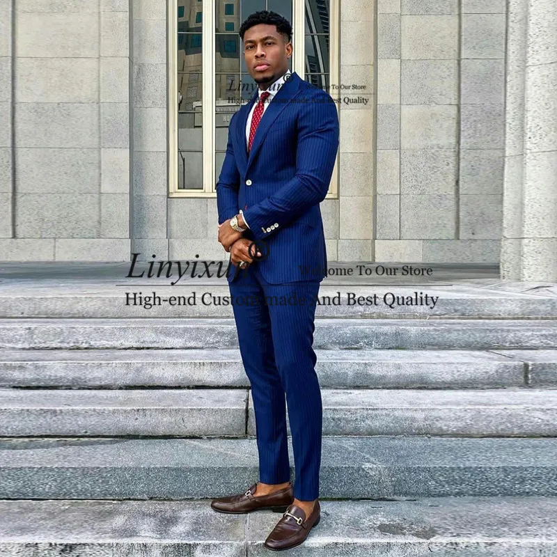 

Handsome Strip Men Suits Slim Fit One Button Groom Tuxedos Notched Lapel 2 Pieces Sets Herringbone Wedding Blazer and Pant