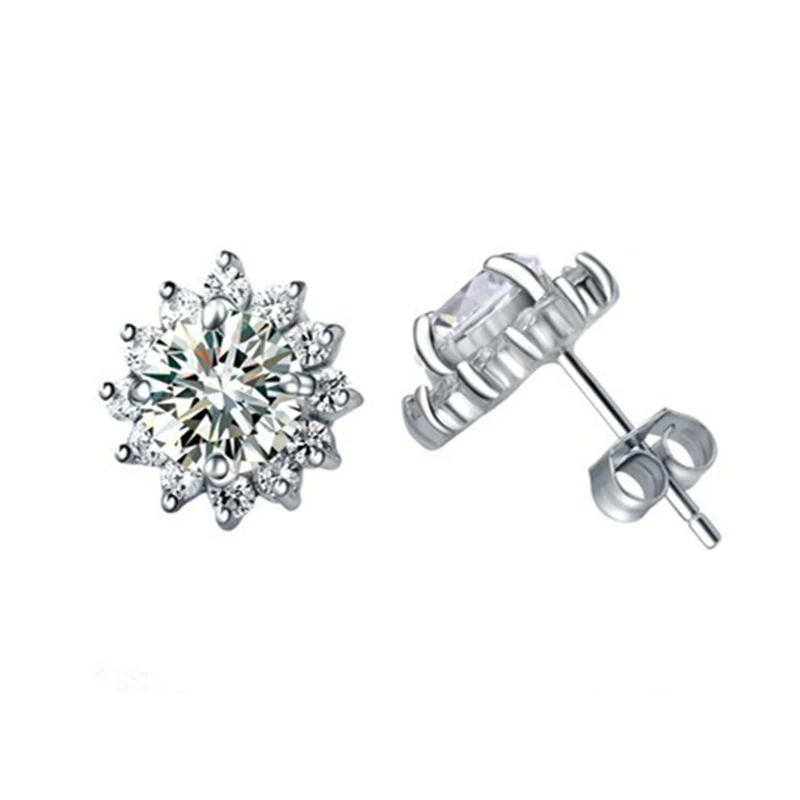 Custom Solid 14K White Gold Stud Earrings Women 0.5 1 2 3 Carat Round Moissanite Diamond Wedding Engagement Party SunFlower