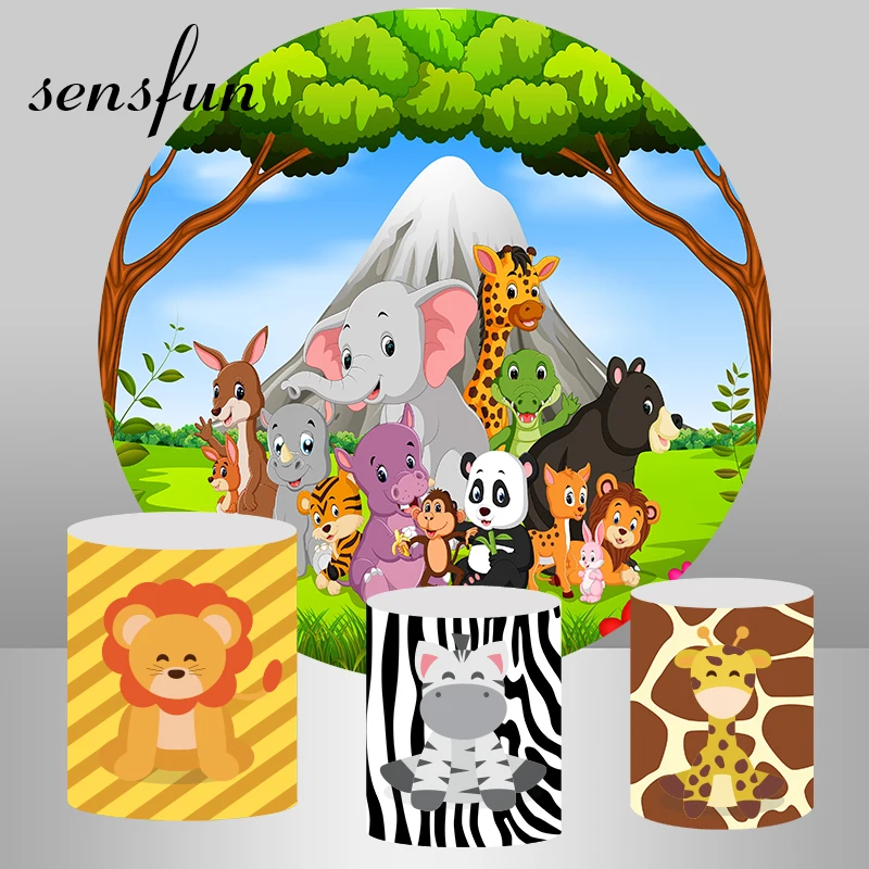 

Round Safari Jungle Party Backdrops Froest Cartoon Animals Elephant Lion Zebra Deer Kids Birthday Party Photography Backgrounds