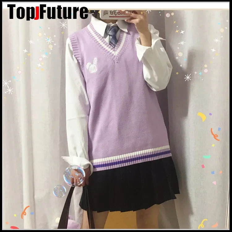 PURPLE Japanese girl's Knitted Vest cute versatile sweater school Uniform Cardigans JK UNIFORM BUNNY embroidery sweater