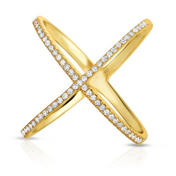 high quality rhodium rose gold authentic 925 sterling silver wide band X ring micro pave zircon criss cross ring for women
