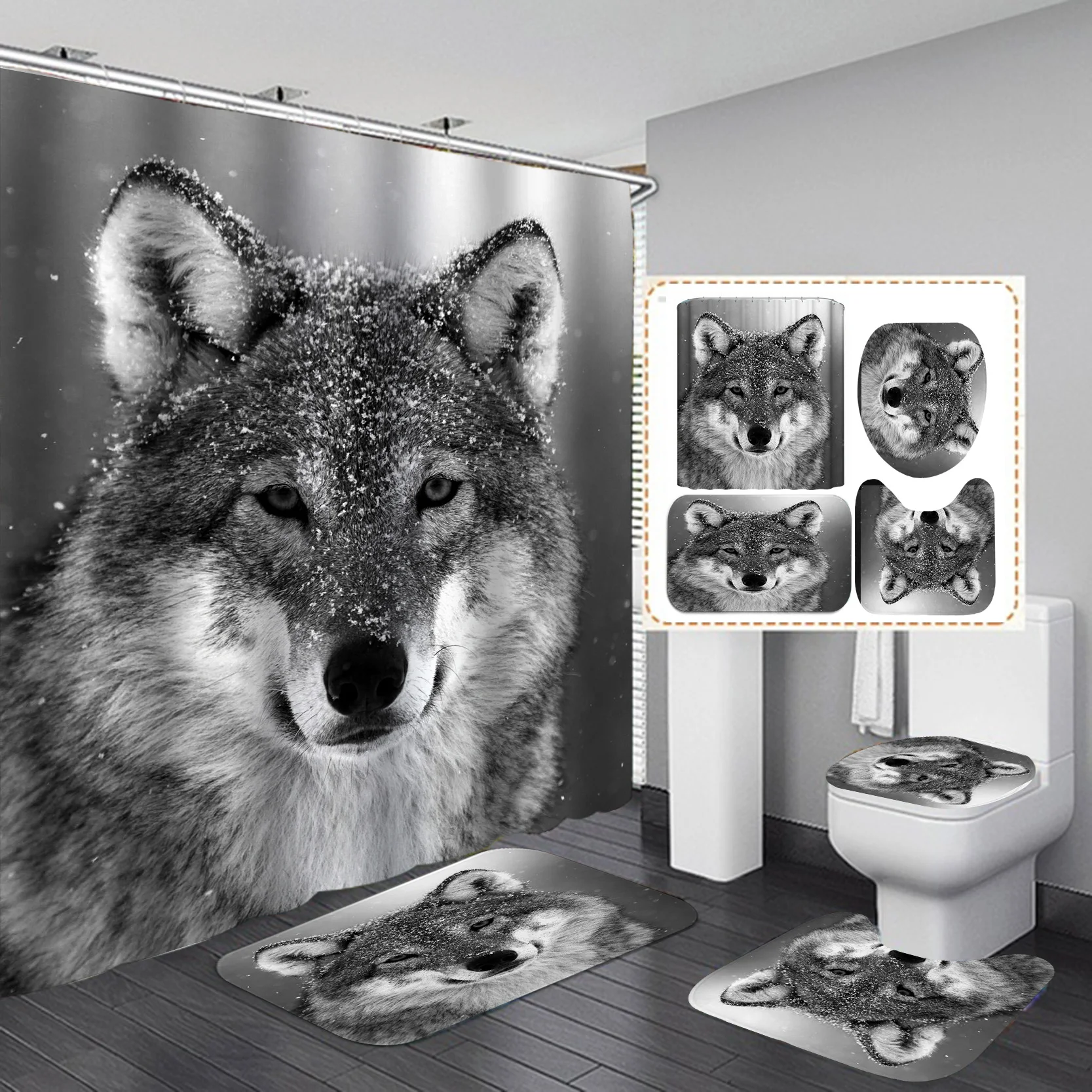 Wolf and Moon Digital Printed Shower Curtain Waterproof Bathroom Curtain Set with Hooks Home Decor Cortina De Baño De Lobo