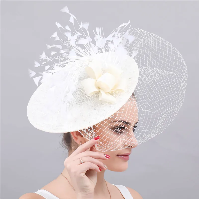 JaneVini-sombreros elegantes y grandes para mujer, velo De malla De lino para jaula De pájaros, sombrero De encaje De novia De princesa marfil, Accesorios De novia