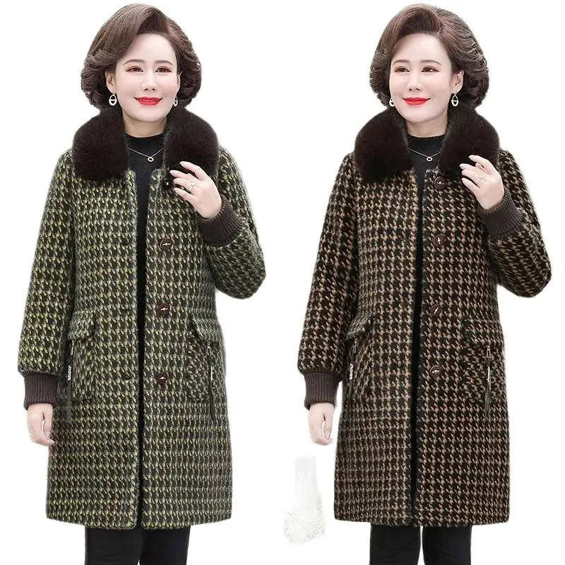 

Middle-Aged Mother Thickened With Cotton Winter Imitation Mink Fleece Coat Middle-Aged Elderly Women Mid-Length Woolen Coat New