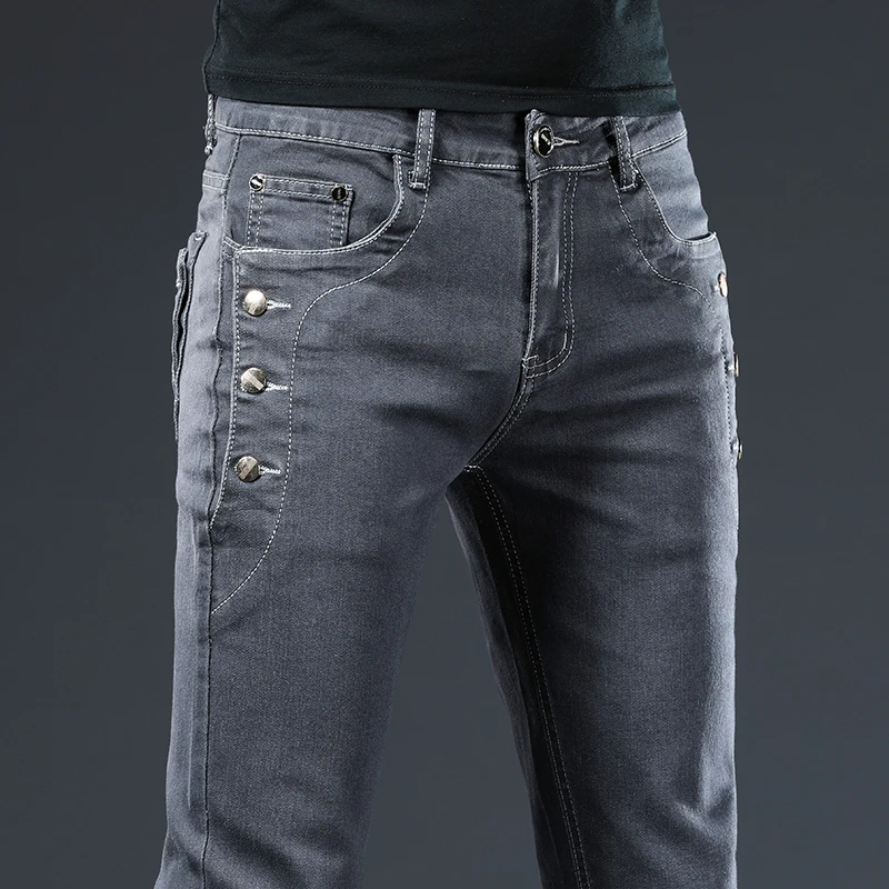 Fashion Brand Button Pocket Men Jeans Stretch Casual Slim Skinny Cotton Light Blue & Dark Gray Designer Male Denim Pants