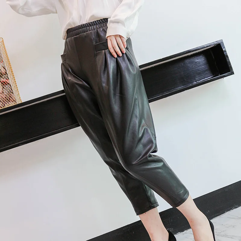 

Loose Genuine Harem Pants Real Leather Women Fashion Black Sheepskin Ladies Ankle Length Trousers Female Casual Clothes