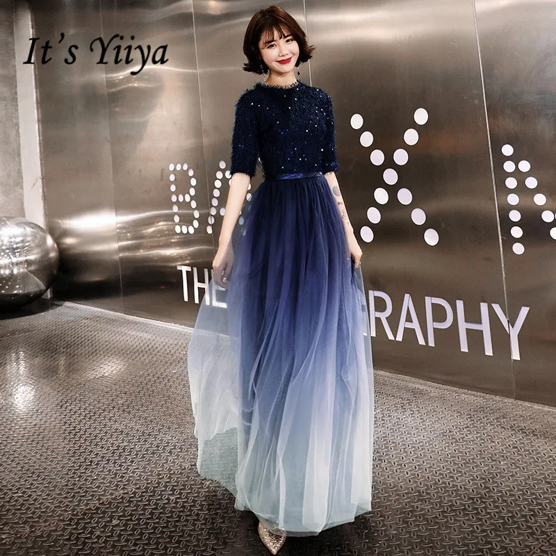 Evening Dress Navy Blue It\'s Yiiya BR321 Elegant O-neck Half Sleeve Evening Dresses Gradient Long Vestido De Fiesta Formal