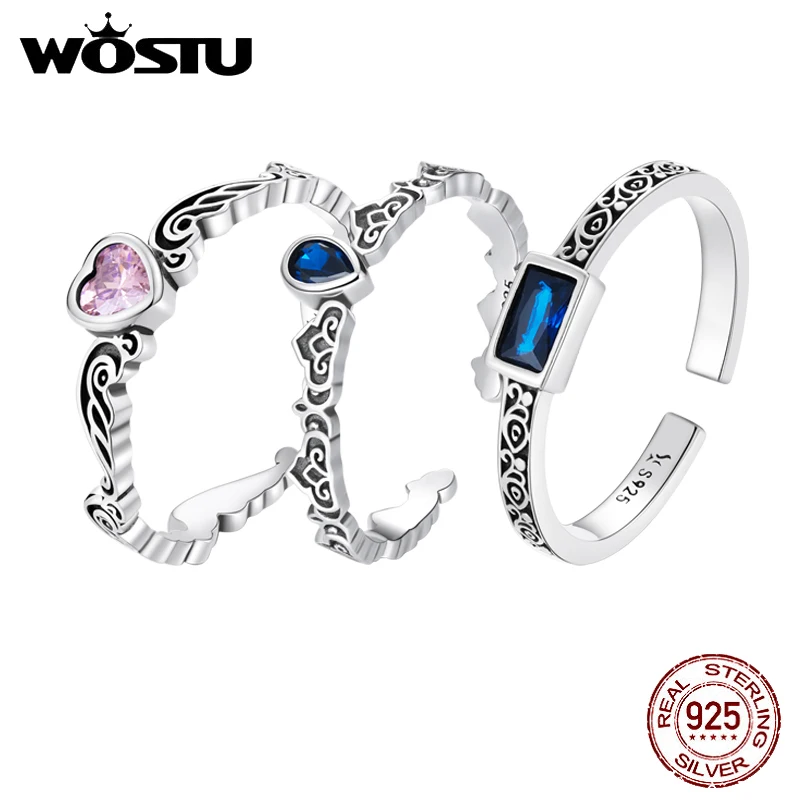 WOSTU 925 Sterling Sliver Adjustable Vintage Pattern Heart Water Drop Rectangular Open Rings For Women Female Original Jewelry