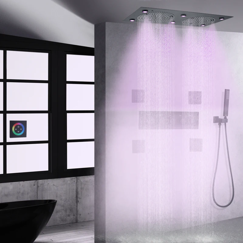 

Matte Black Overhead Thermostatic Rainfall Shower Faucet Colorful LED Light Handheld Shower Head Set