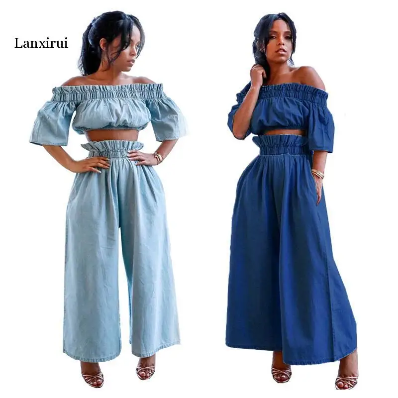 Women 2 Piece Set Denim Off-the-Shoulder Strap Short Sleeve Double Breasted Top Split Horn Jeans Vintage Lady Suit